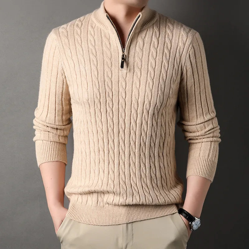 Elegancki Sweter Męski z Zamkiem i Warkoczowym Wzorem