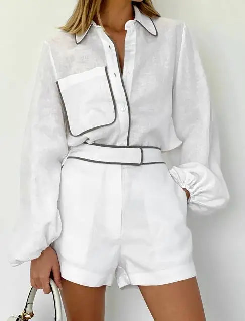 Elegancki lniany damski komplet z koszulą i szortami