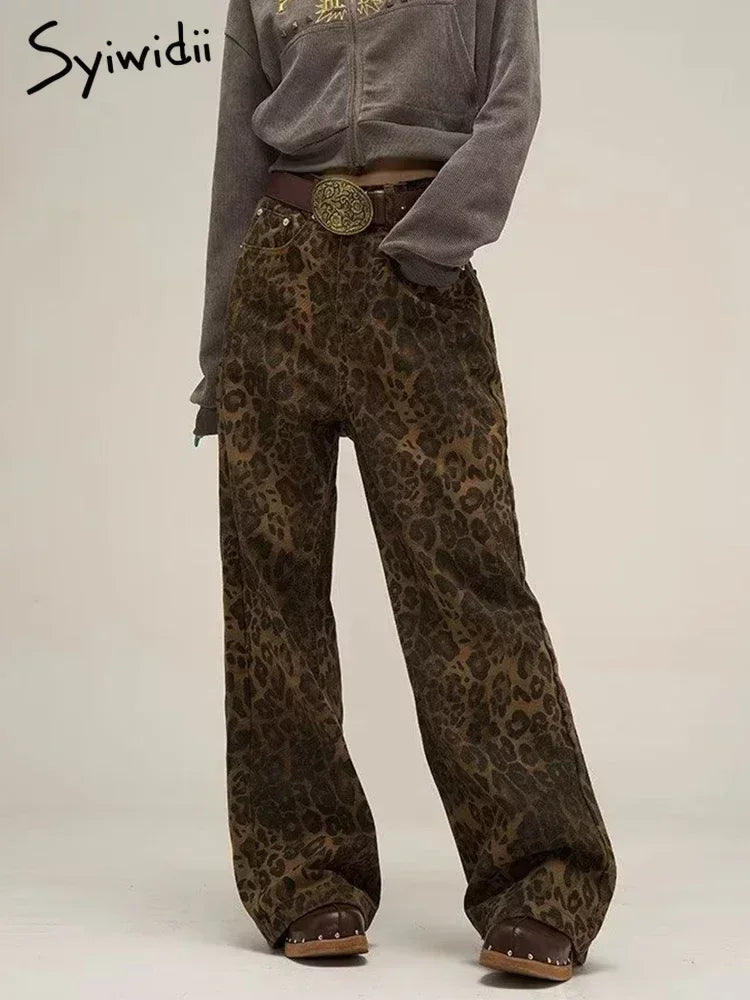 Damskie Jeansy Spodnie ze Wzorem Leoparda