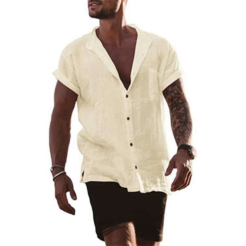 Męska Koszula Lniana z Krótkim Rękawem i Kołnierzykiem V-Neck