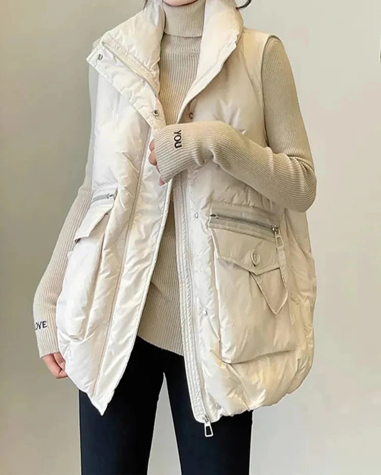 Damska luźna puchowa kamizelka z wysokim kołnierzem i kieszeniami