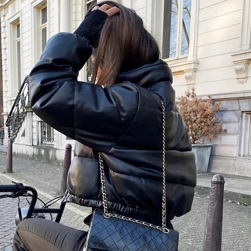 Damska puchowa kurtka puffer skórzana