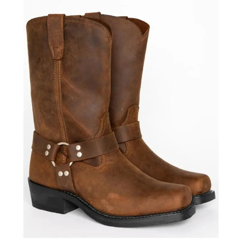 Męskie botki kowbojki z paskiem i nitami, klasyczny styl western