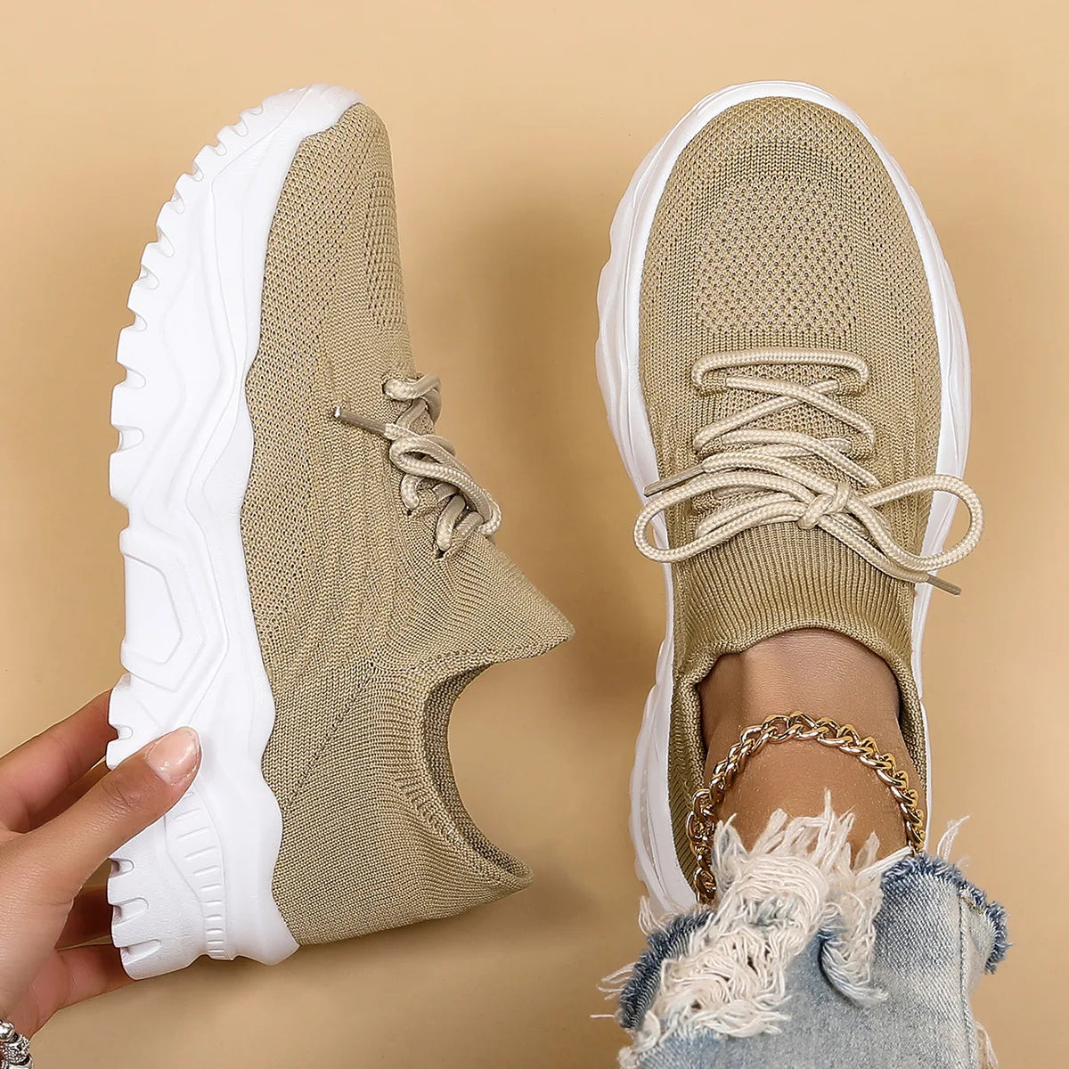 Damskie sneakersy skarpetkowe na grubej podeszwie – sportowe buty wsuwane