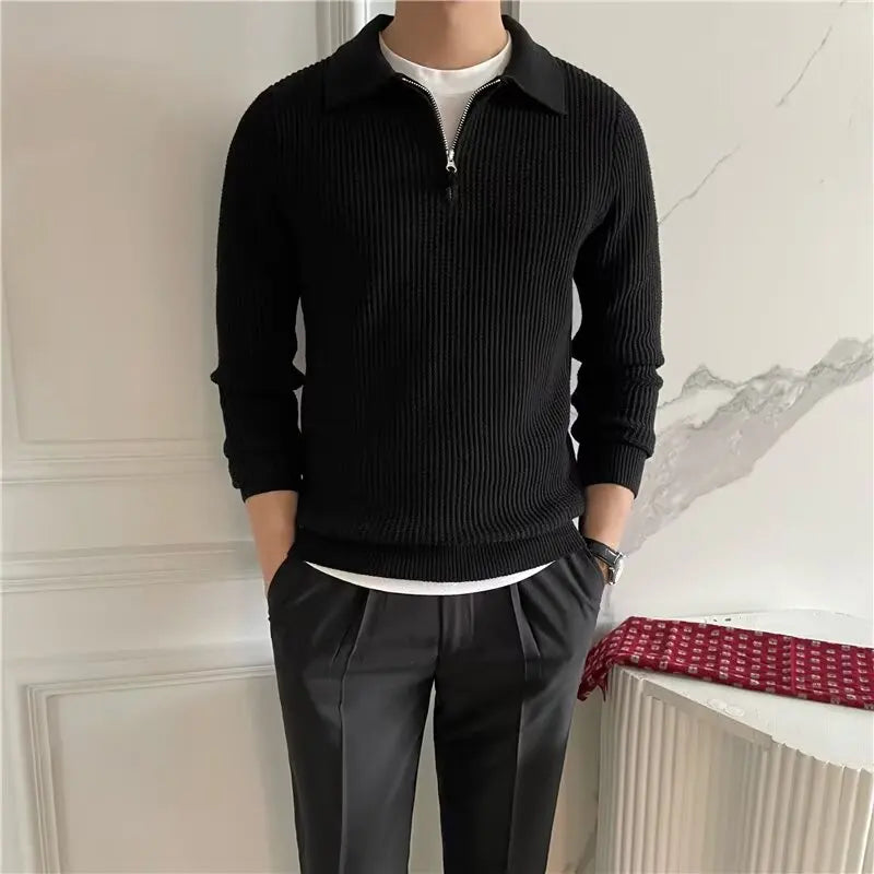 Męski sweter z kołnierzykiem i zamkiem – dzianinowy golf z długim rękawem