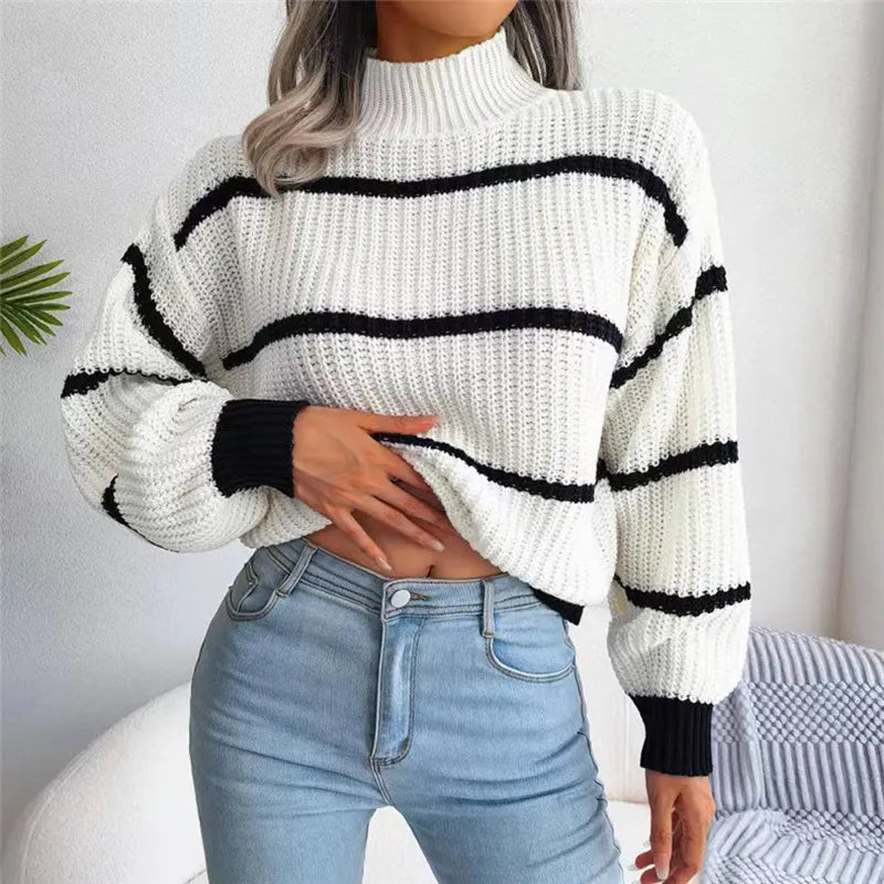 Damski sweter z golfem w paski
