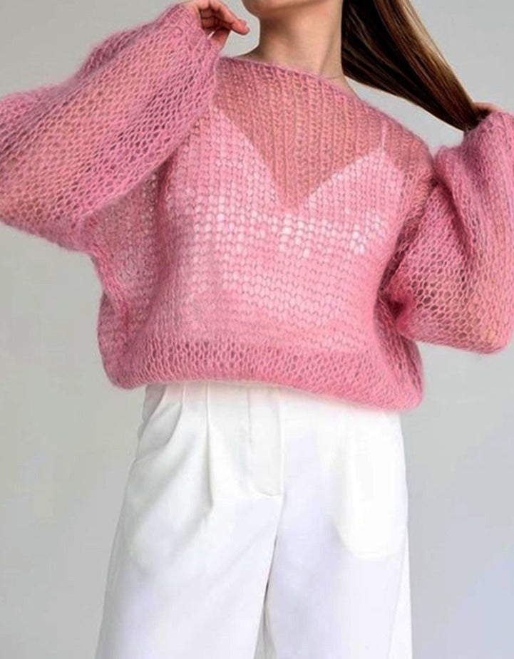 Damski ażurowy prześwitujący sweter oversize
