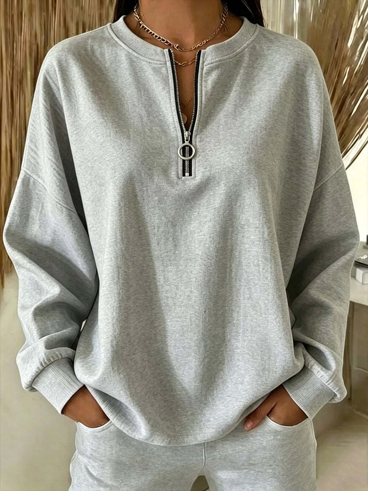 Damska Bluza Oversize z Krótkim Zamkiem