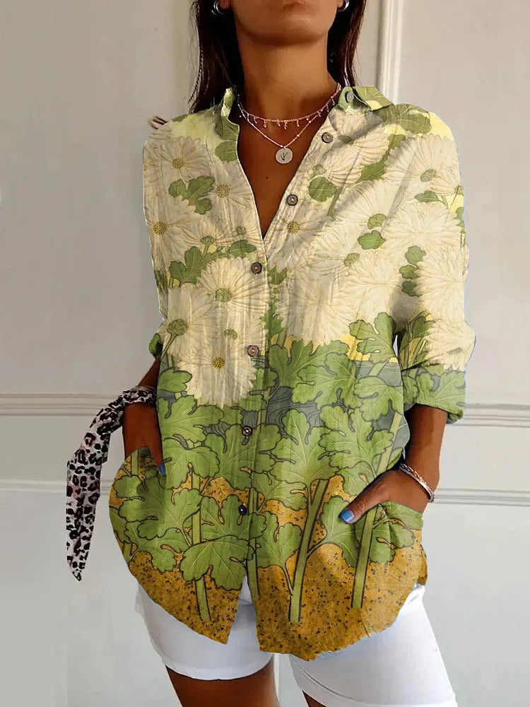 Damska koszula z długim rękawem i kwiatowym wzorem – luźna bluzka w stylu boho