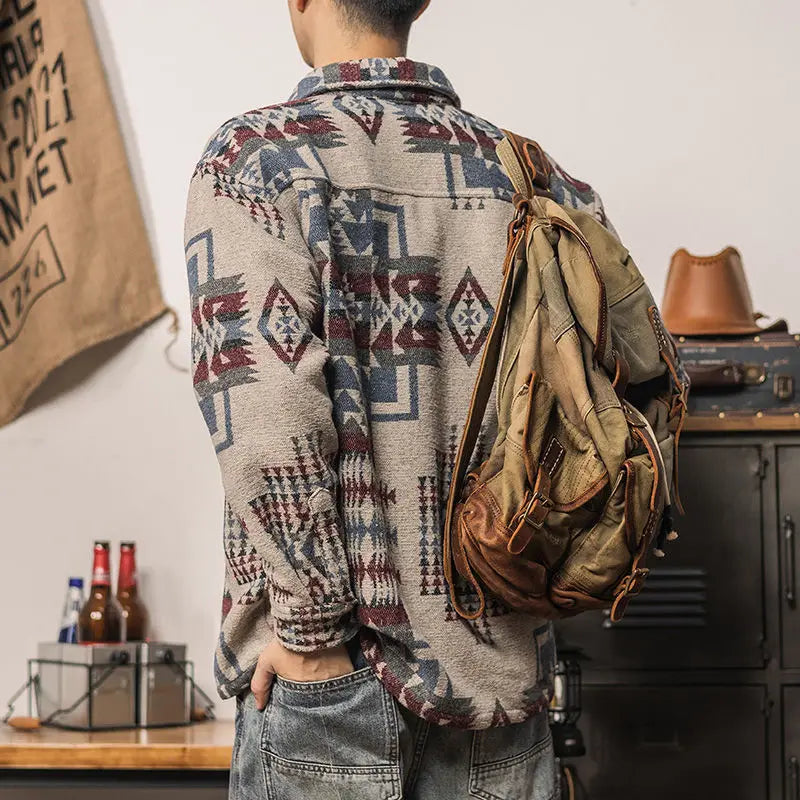 Męska koszula flanelowa z etnicznym wzorem – gruba koszula overshirt na jesień i zimę