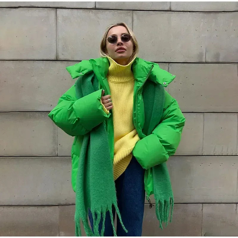 Damska kurtka puchowa oversize – ciepła kurtka zimowa z wysokim kołnierzem i kapturem