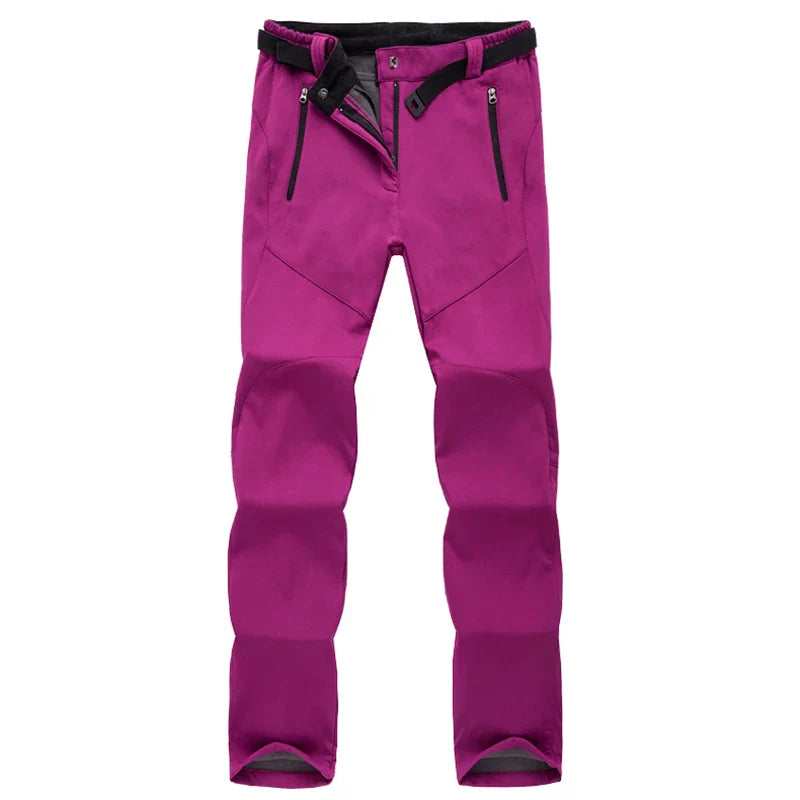 Damskie spodnie trekkingowe softshell ocieplane – wodoodporne spodnie outdoorowe z polarem i kieszeniami