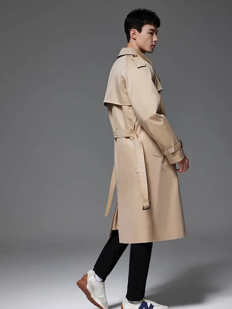 Męski trencz klasyczny, wodoodporny i wiatroszczelny, elegancki płaszcz z paskiem