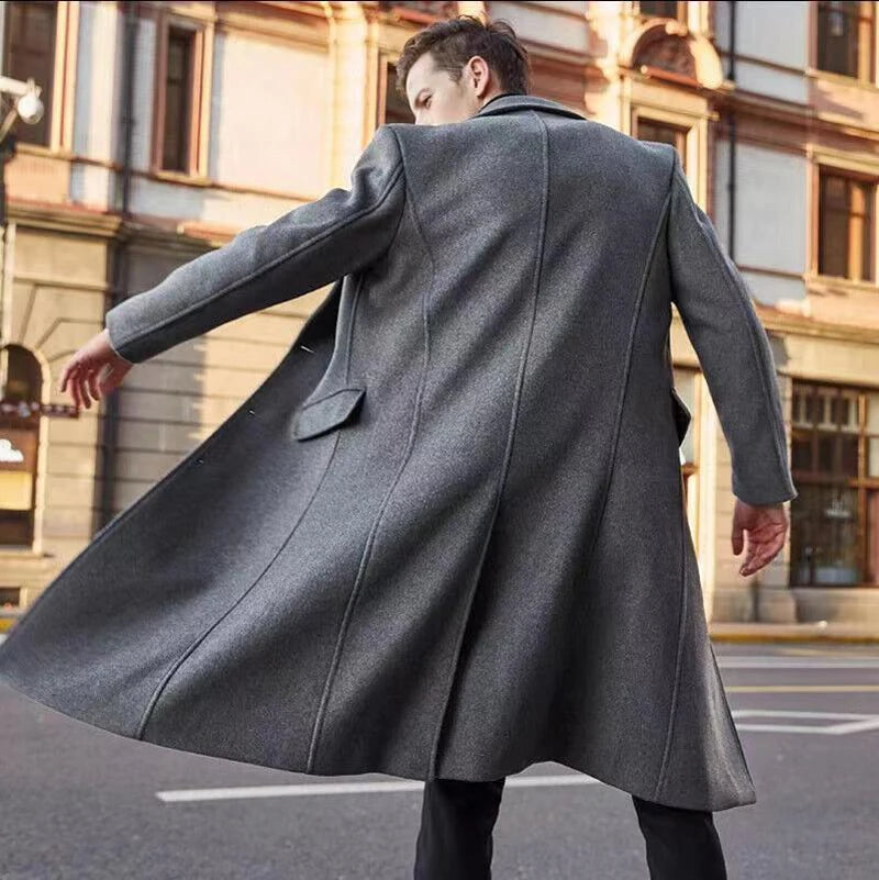 Męski płaszcz wełniany długi, elegancki, klasyczny fason