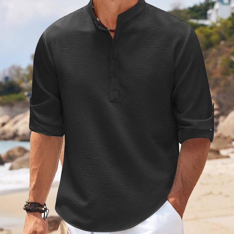 Męska Koszula Waffle-Knit z Henley Neck i Rękawami 3/4