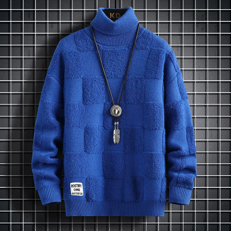 Sweter Męski z Wzorem Kratki i Wysokim Kołnierzem