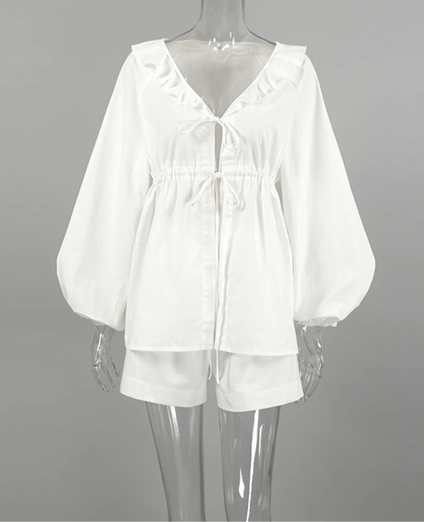 Stylowy Komplet lniany z Bufiastymi Rękawami