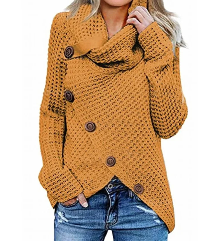 Damski sweter z golfem i skośnym zapięciem