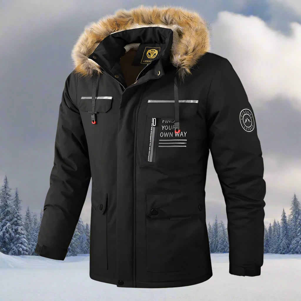 Męska kurtka zimowa z futrzanym kapturem i nadrukiem