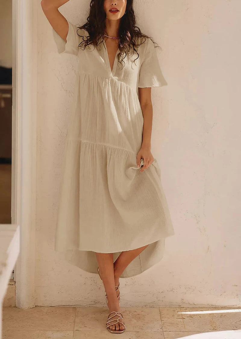 Muślinowa sukienka midi z krótkim rękawem i dekoltem V – lekka sukienka na lato
