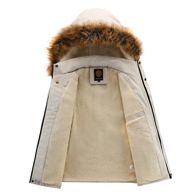 Męska kurtka zimowa z futrzanym kapturem i nadrukiem