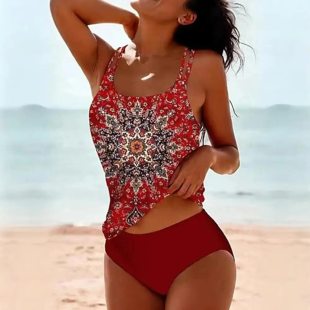 Asymetryczny kostium kąpielowy tankini – Wzór boho |