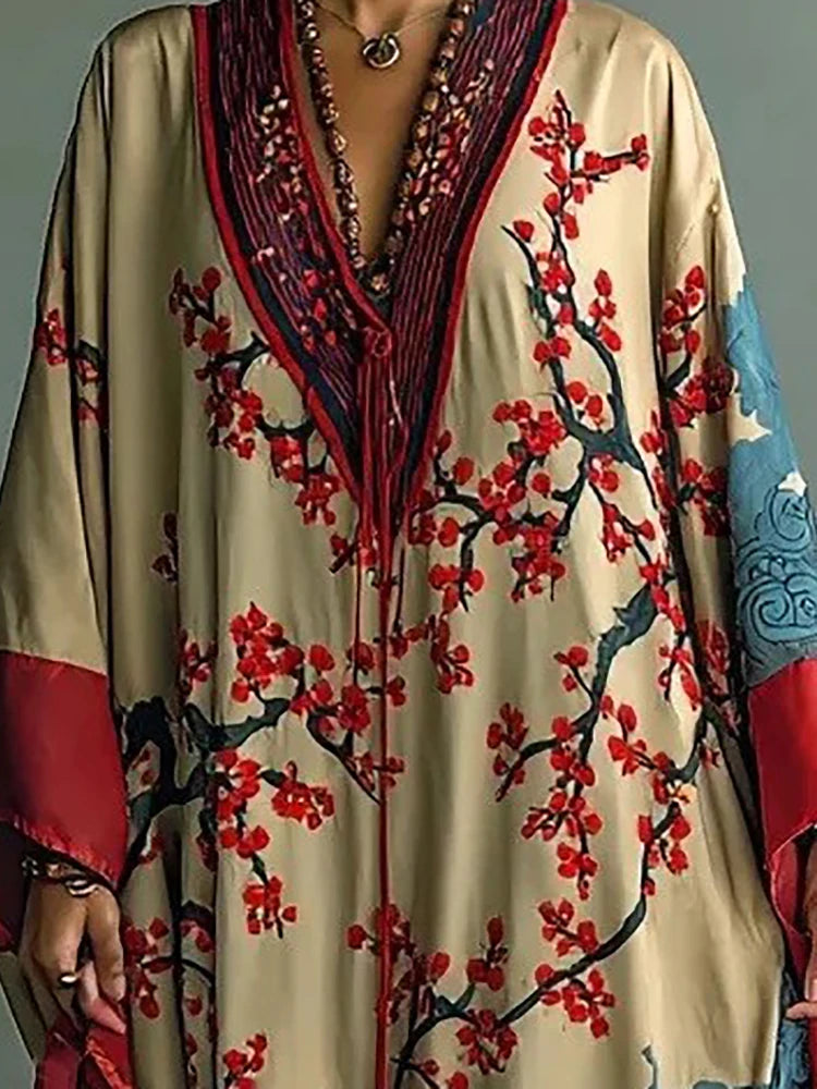 Długa Sukienka Kimono z Kwiatowym Wzorem i Kieszeniami