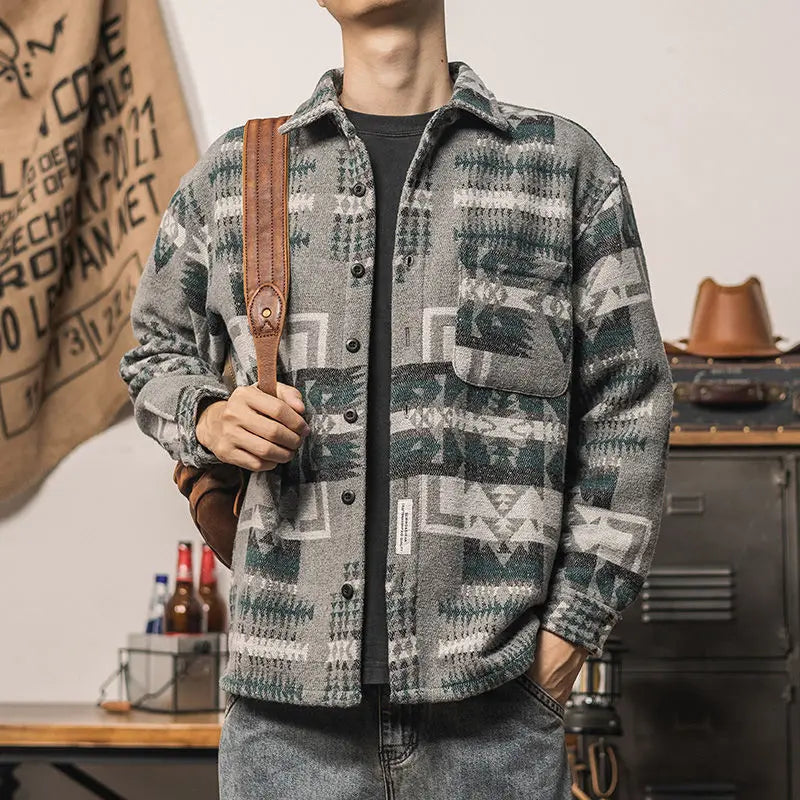 Męska koszula flanelowa z etnicznym wzorem – gruba koszula overshirt na jesień i zimę