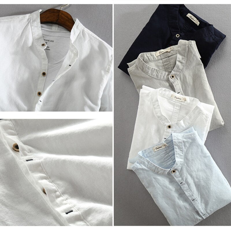 Męska Lniana Koszula z Długim Rękawem i Dekoltem Henley