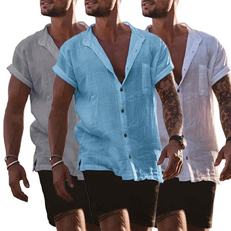 Męska Koszula Lniana z Krótkim Rękawem i Kołnierzykiem V-Neck
