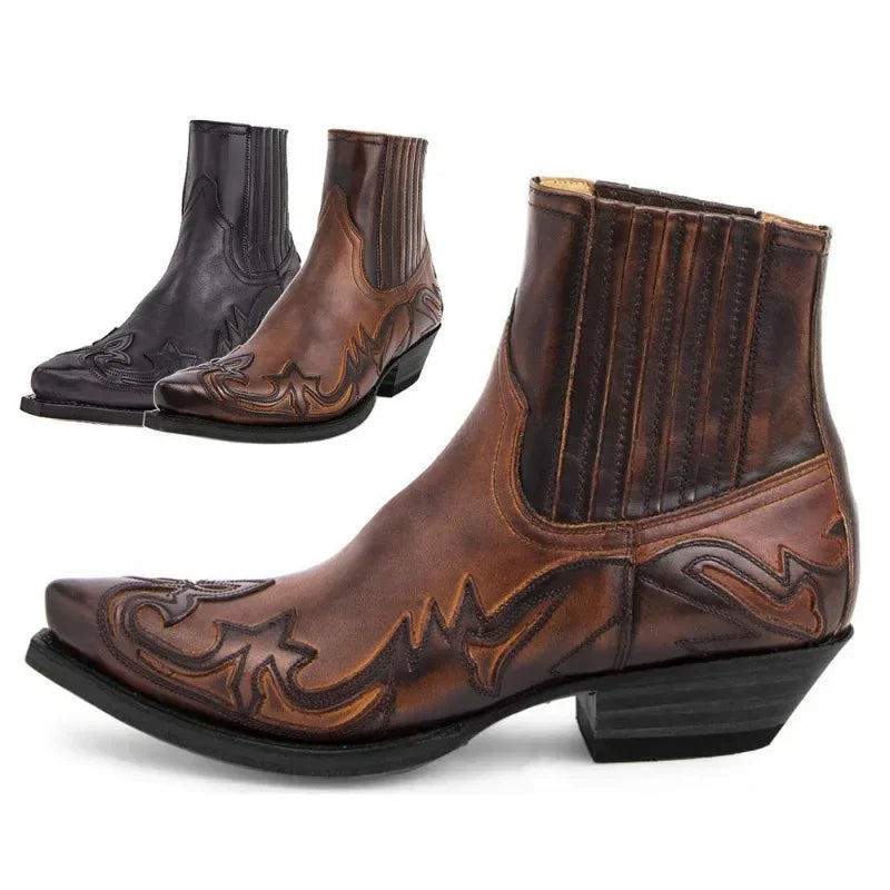Skórzane botki kowbojki z tłoczeniem – unisex, styl western