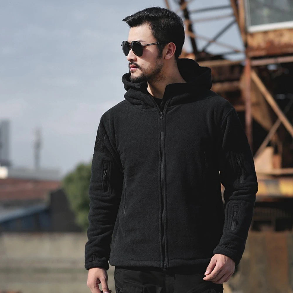 Męska bluza polarowa taktyczna z kapturem, zapinana na zamek, styl outdoor
