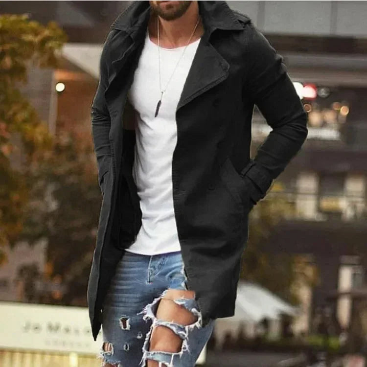 Męski płaszcz trencz z kołnierzem, lekki, styl casual-elegancki