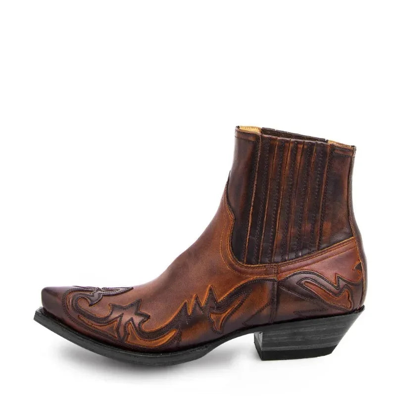 Skórzane botki kowbojki z tłoczeniem – unisex, styl western