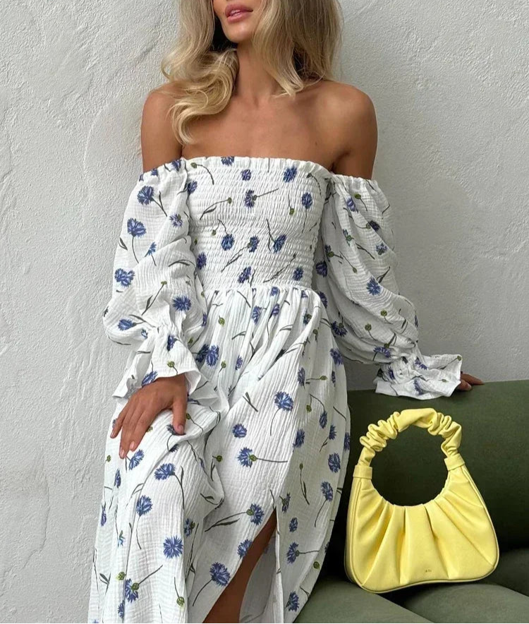 Letnia sukienka muślinowa hiszpanka midi w kwiaty – z bufiastymi rękawami i marszczeniem