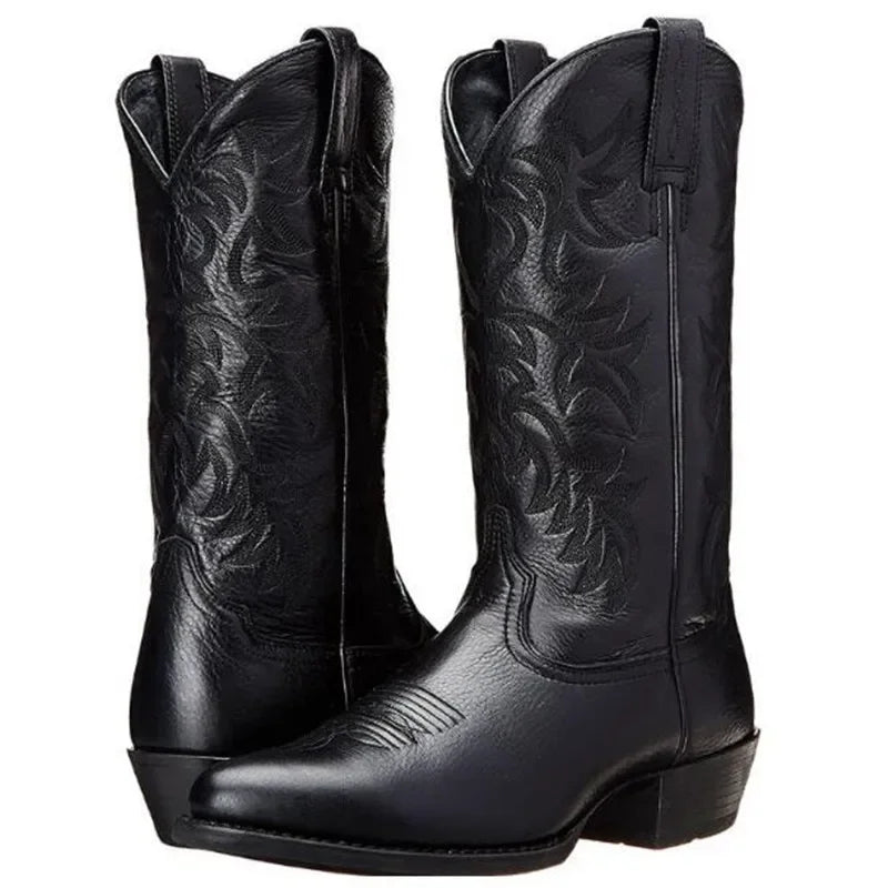 Męskie kowbojki z haftem, klasyczne western boots, skórzany wygląd