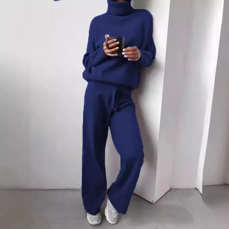 Damski komplet dresowy z dzianiny – sweter z golfem + spodnie z szeroką nogawką