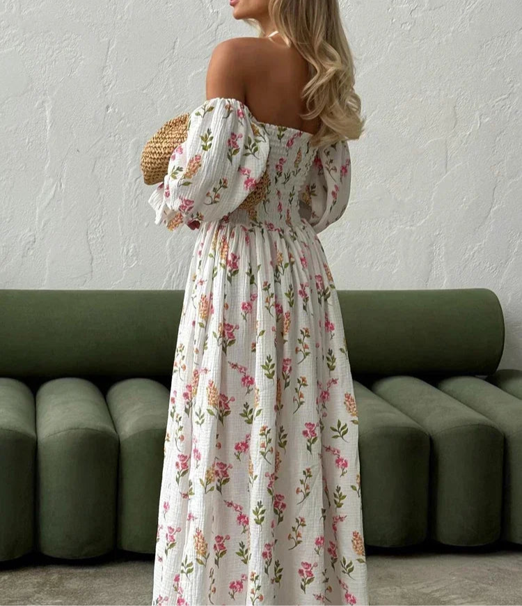 Letnia sukienka muślinowa hiszpanka midi w kwiaty – z bufiastymi rękawami i marszczeniem