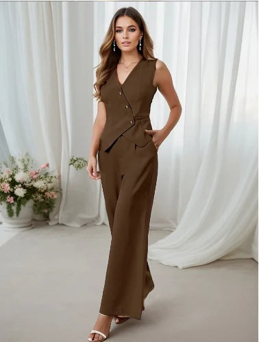 Elegancki damski zestaw garniturowy bez rękawów z szerokimi spodniami