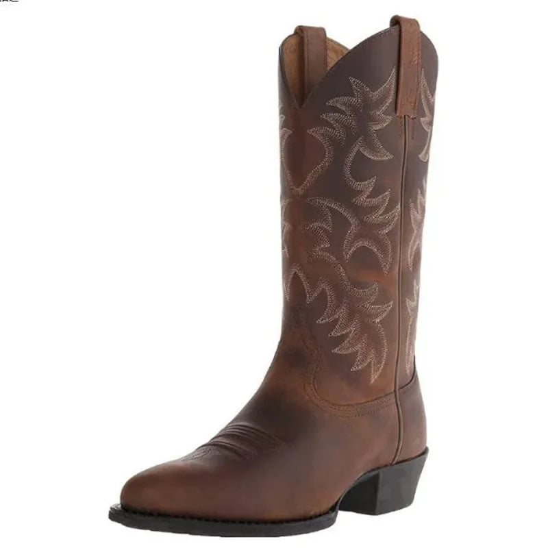 Męskie kowbojki z haftem, klasyczne western boots, skórzany wygląd