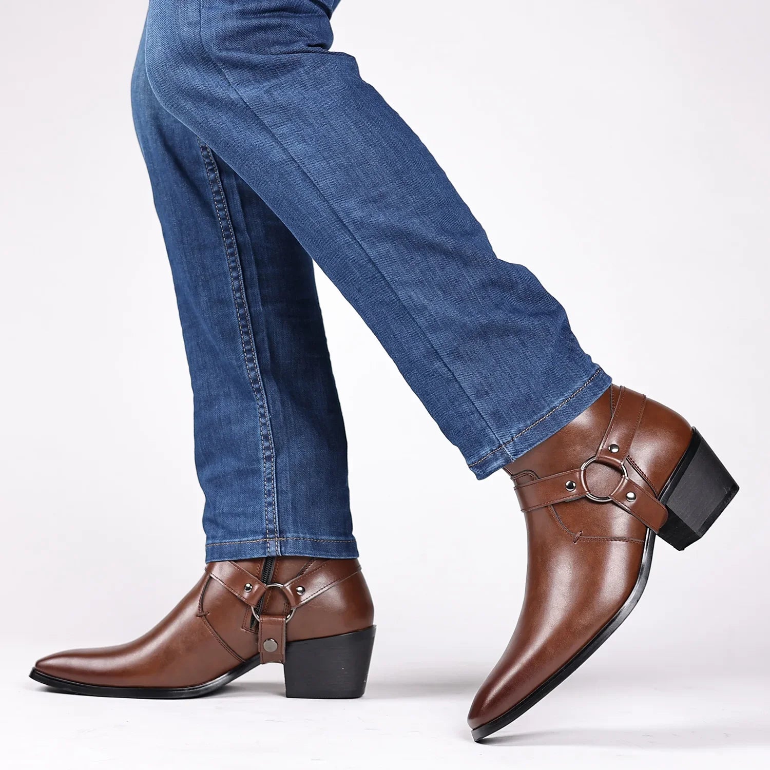 Skórzane botki kowbojki z tłoczeniem – unisex, styl western