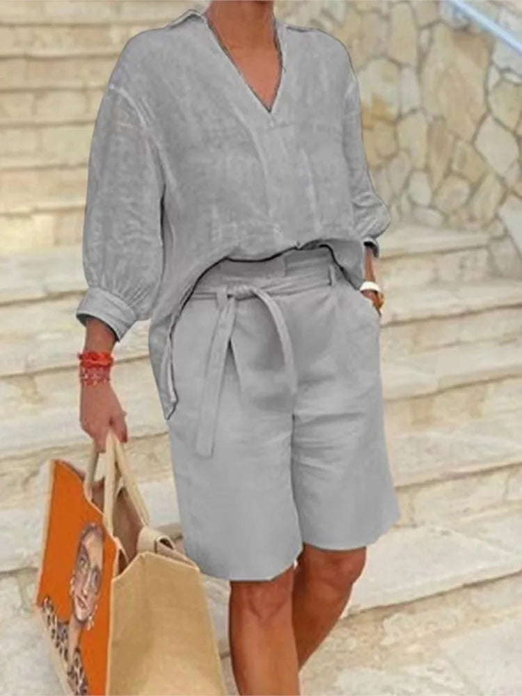 Lniany Komplet Damski z Koszulą i Szortami