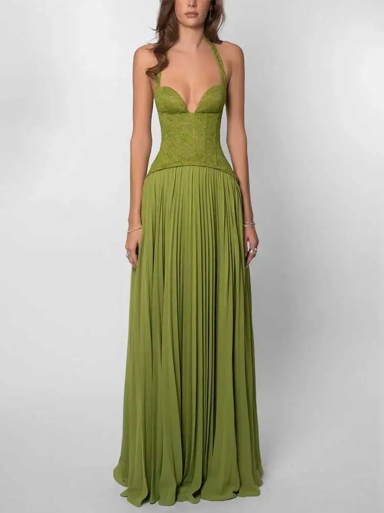 Długa Sukienka Maxi Halter z Plisowaną Spódnicą – Elegancka Sukienka Wieczorowa na Wesele