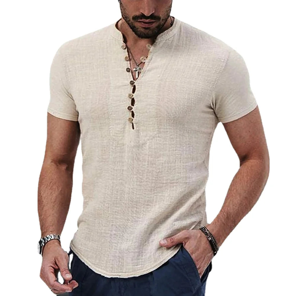 Męska Lniana Koszulka boho z Krótkim Rękawem i Guzikami