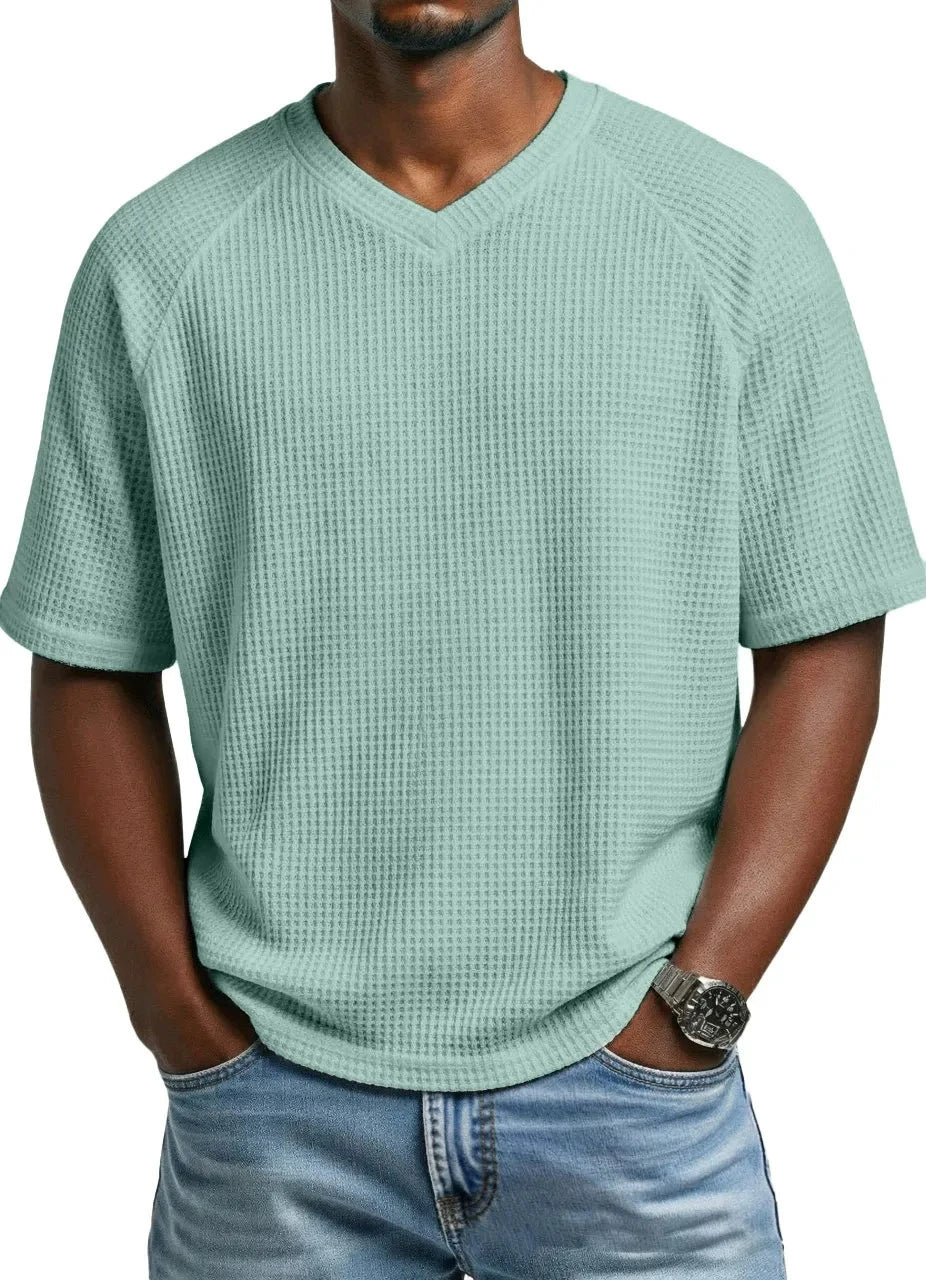 Męska Koszulka Waflowa z Dekoltem V – T-Shirt z Krótkim Rękawem