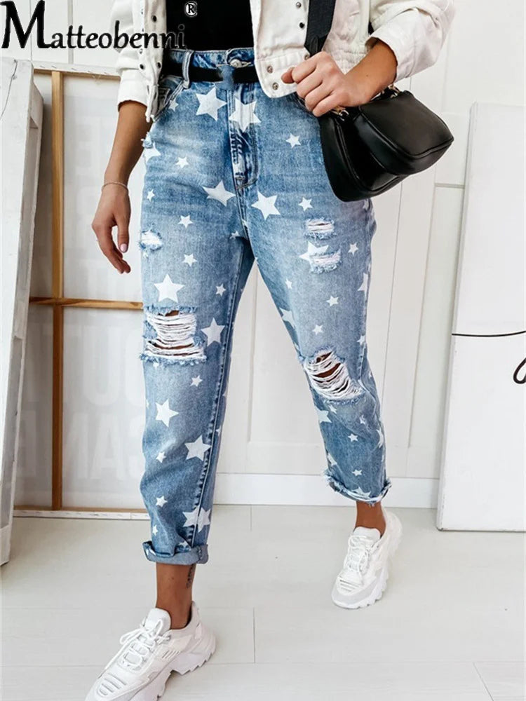 Damskie Jeansy z Wzorem Gwiazd i Przetarciami