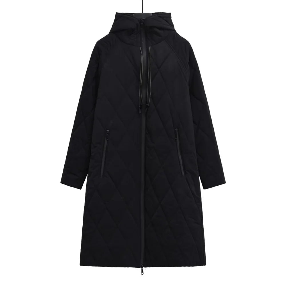 Damska długa kurtka oversize pikowana z kapturem