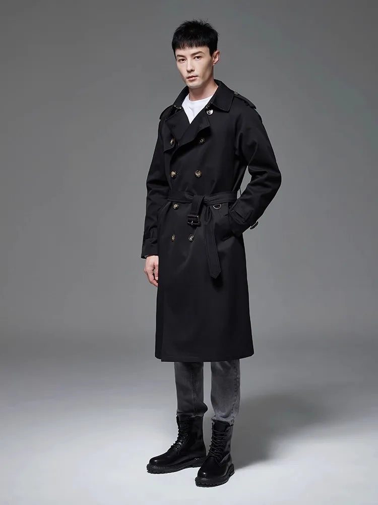 Męski trencz klasyczny, wodoodporny i wiatroszczelny, elegancki płaszcz z paskiem