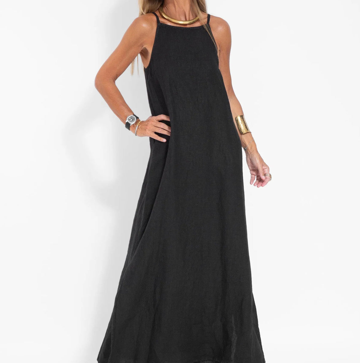 Lniana sukienka maxi na ramiączkach – przewiewna sukienka letnia z naturalnego materiału