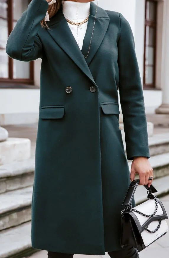 Damski płaszcz dwurzędowy z klapami – elegancki płaszcz o prostym kroju na jesień i zimę